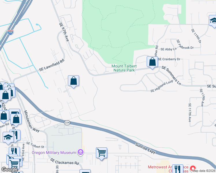 map of restaurants, bars, coffee shops, grocery stores, and more near 10402 Southeast Mather Road in Clackamas