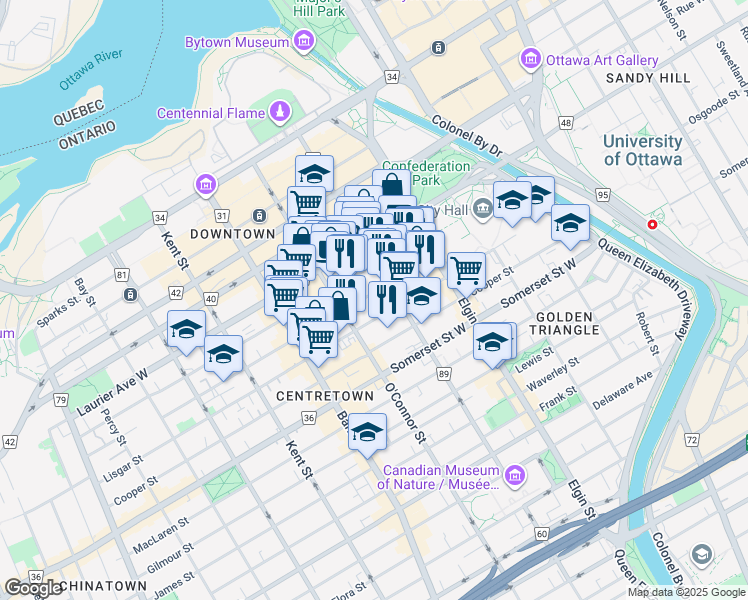 map of restaurants, bars, coffee shops, grocery stores, and more near 88 Nepean Street in Ottawa