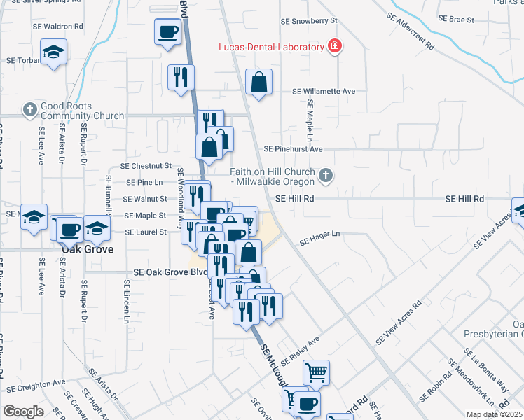 map of restaurants, bars, coffee shops, grocery stores, and more near 3327 Southeast Maple Street in Oak Grove