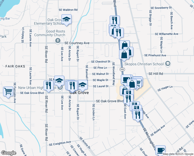 map of restaurants, bars, coffee shops, grocery stores, and more near 2535 Southeast Maple Street in Milwaukie