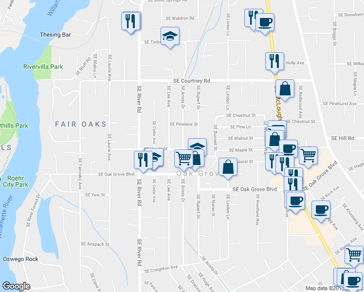 map of restaurants, bars, coffee shops, grocery stores, and more near 14603 Southeast Arista Drive in Oak Grove