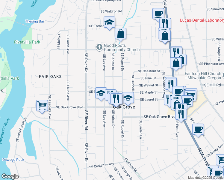 map of restaurants, bars, coffee shops, grocery stores, and more near 14412 Southeast Arista Drive in Oak Grove
