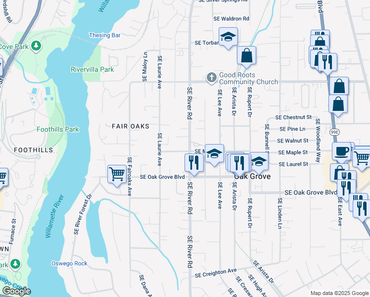 map of restaurants, bars, coffee shops, grocery stores, and more near 14497 Southeast River Road in Milwaukie
