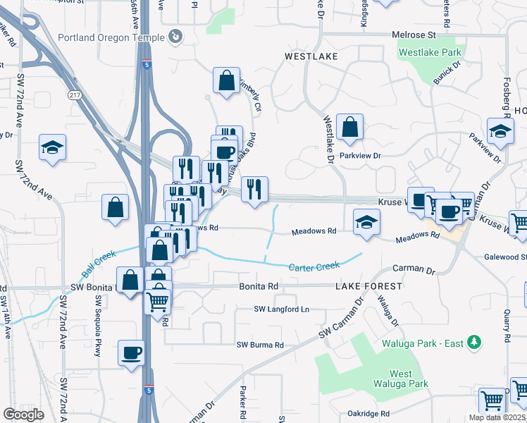 map of restaurants, bars, coffee shops, grocery stores, and more near 5885 Meadows Road in Lake Oswego