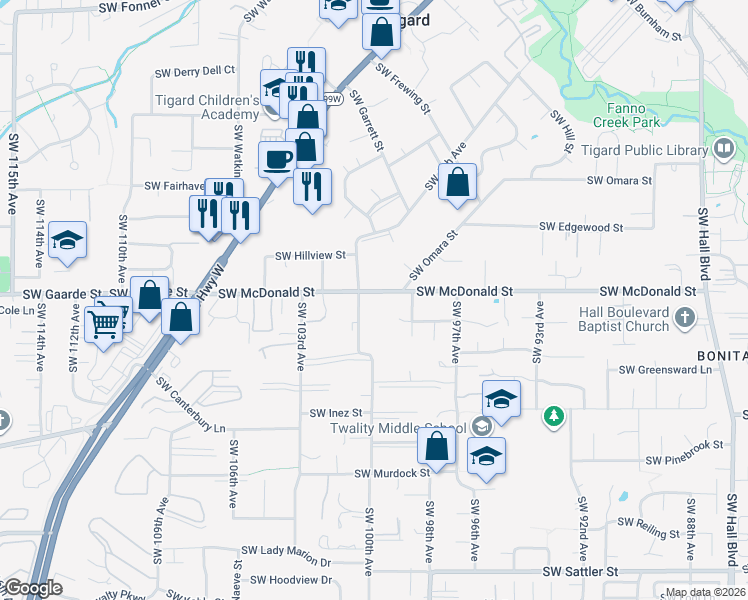 map of restaurants, bars, coffee shops, grocery stores, and more near 9940 Southwest McDonald Street in Tigard
