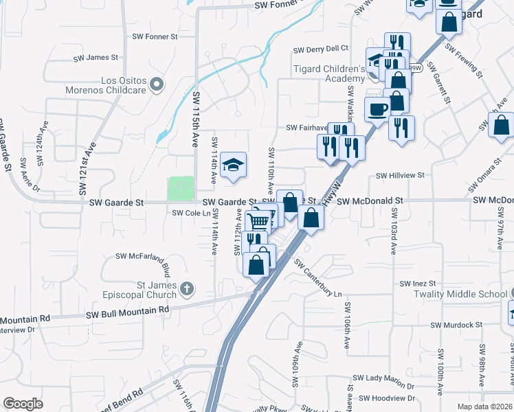 map of restaurants, bars, coffee shops, grocery stores, and more near 14040 Southwest 112th Avenue in Portland