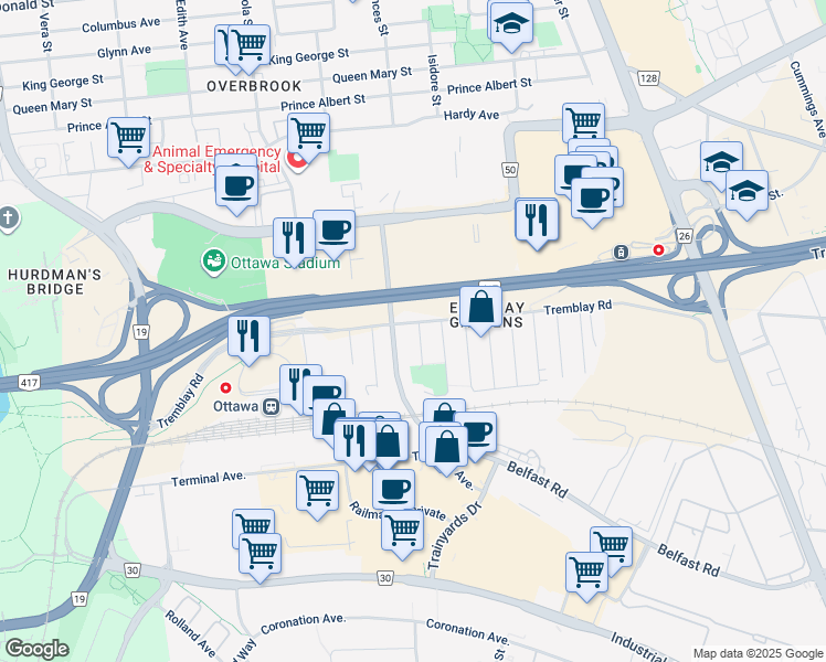 map of restaurants, bars, coffee shops, grocery stores, and more near in Ottawa