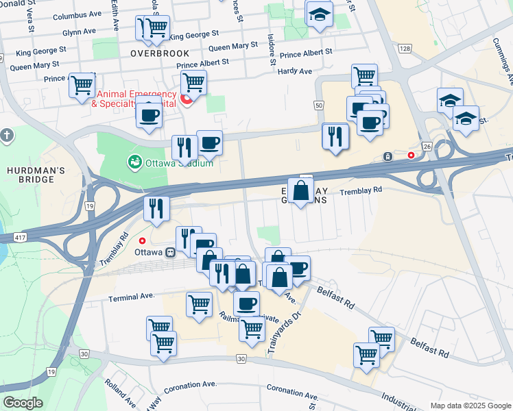 map of restaurants, bars, coffee shops, grocery stores, and more near in Ottawa