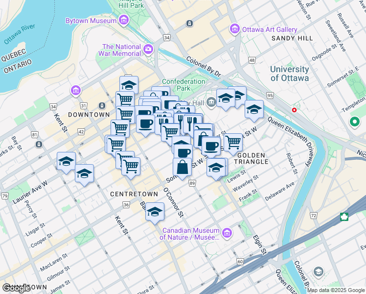 map of restaurants, bars, coffee shops, grocery stores, and more near in Ottawa