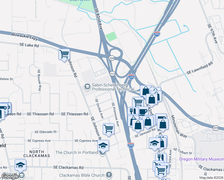 map of restaurants, bars, coffee shops, grocery stores, and more near 14484 Southeast Primrose Avenue in Milwaukie