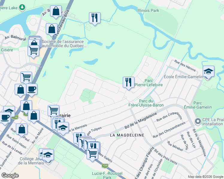 map of restaurants, bars, coffee shops, grocery stores, and more near 330 Rue Léotable Dubuc in La Prairie