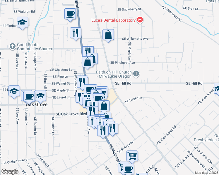map of restaurants, bars, coffee shops, grocery stores, and more near 3327 Southeast Maple Street in Oak Grove