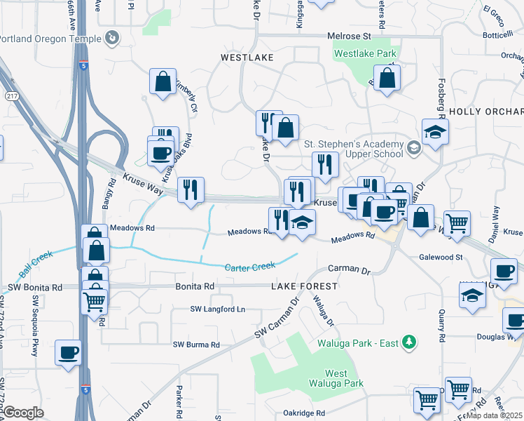 map of restaurants, bars, coffee shops, grocery stores, and more near 5335 Meadows Road in Lake Oswego