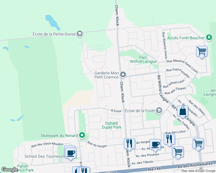 map of restaurants, bars, coffee shops, grocery stores, and more near 79 Rue du Canard in Gatineau