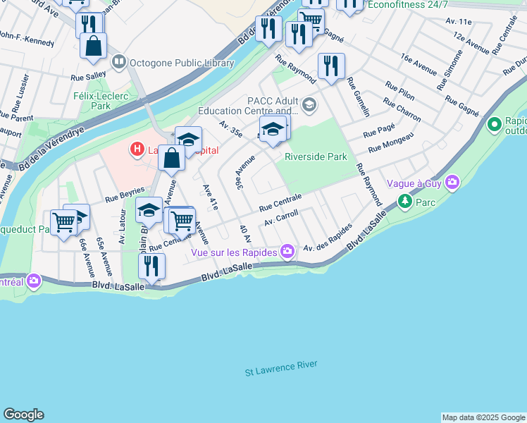 map of restaurants, bars, coffee shops, grocery stores, and more near 8494 Rue Centrale in Montréal