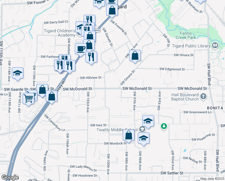 map of restaurants, bars, coffee shops, grocery stores, and more near 9940 Southwest McDonald Street in Tigard