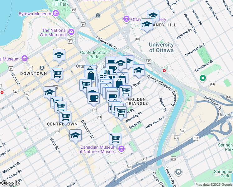 map of restaurants, bars, coffee shops, grocery stores, and more near in Ottawa