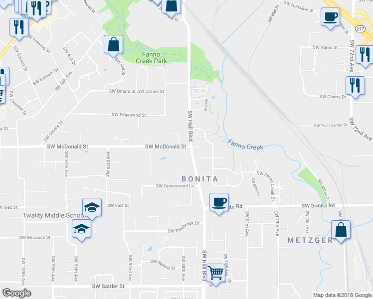 map of restaurants, bars, coffee shops, grocery stores, and more near 8640 Southwest McDonald Street in Portland
