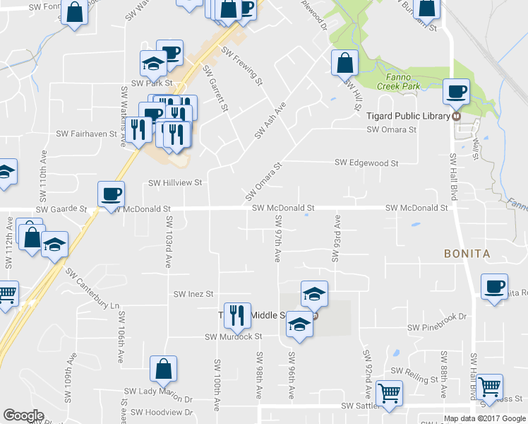 map of restaurants, bars, coffee shops, grocery stores, and more near 9760 Southwest McDonald Street in Tigard