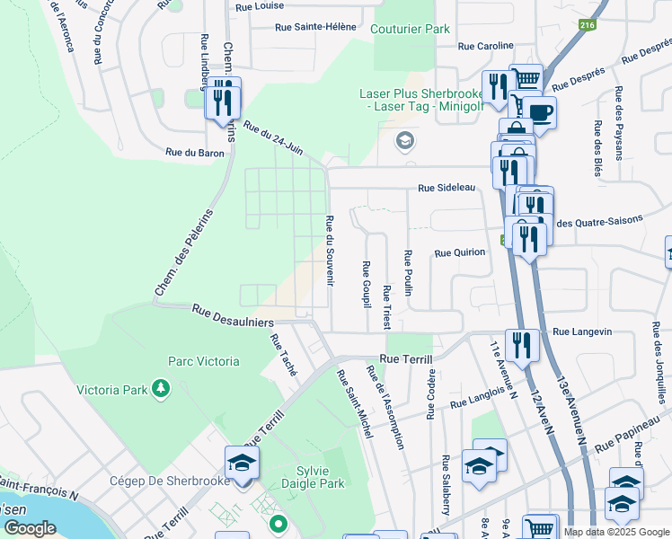 map of restaurants, bars, coffee shops, grocery stores, and more near 700 Rue du Souvenir in Sherbrooke