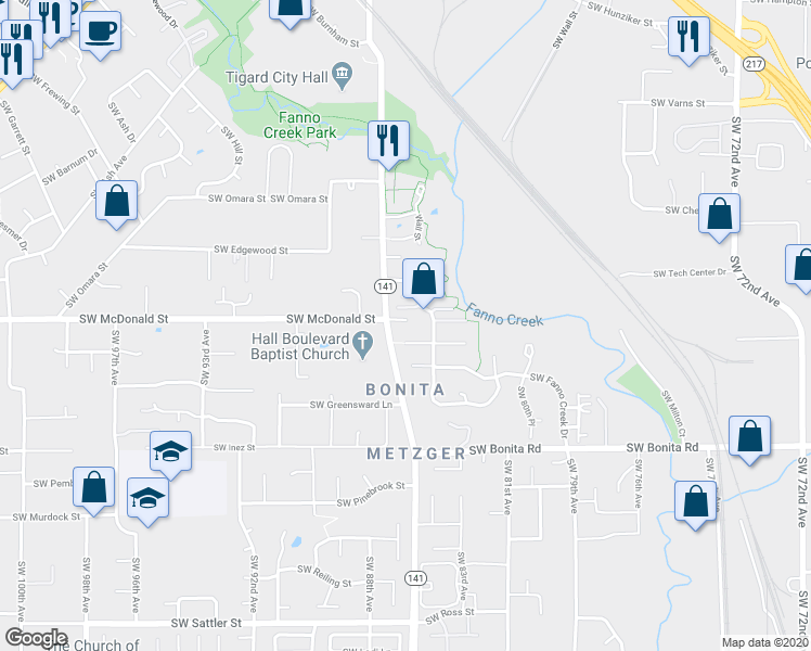 map of restaurants, bars, coffee shops, grocery stores, and more near 14010 Southwest Hall Boulevard in Tigard
