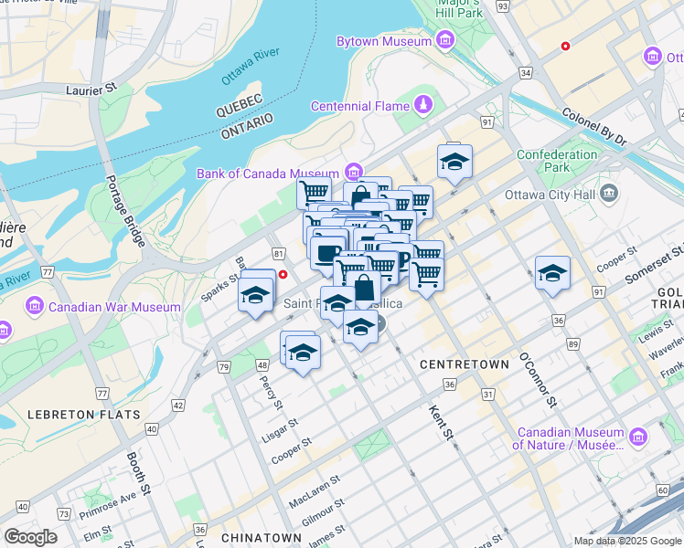 map of restaurants, bars, coffee shops, grocery stores, and more near 275 Slater Street in Ottawa