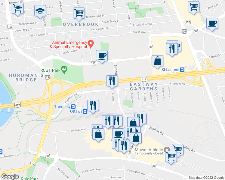 map of restaurants, bars, coffee shops, grocery stores, and more near 294 Tremblay Rd in Ottawa