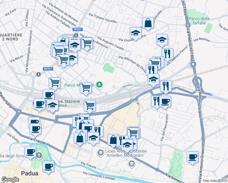 map of restaurants, bars, coffee shops, grocery stores, and more near Via Jacopo Avanzo in Padua