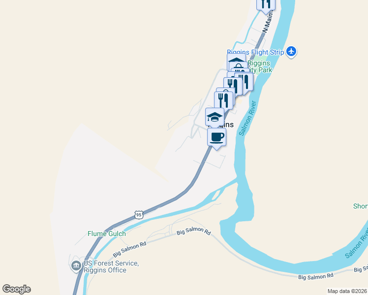 map of restaurants, bars, coffee shops, grocery stores, and more near 707 Ace's Place in Riggins