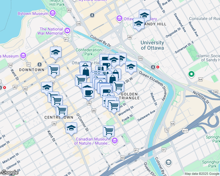 map of restaurants, bars, coffee shops, grocery stores, and more near in Ottawa