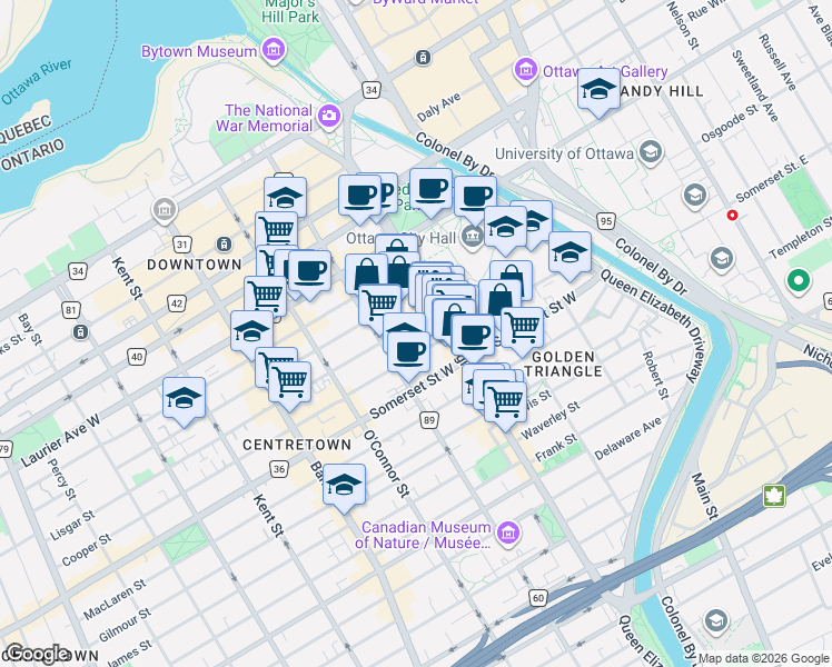 map of restaurants, bars, coffee shops, grocery stores, and more near 201 Cooper Street in Ottawa