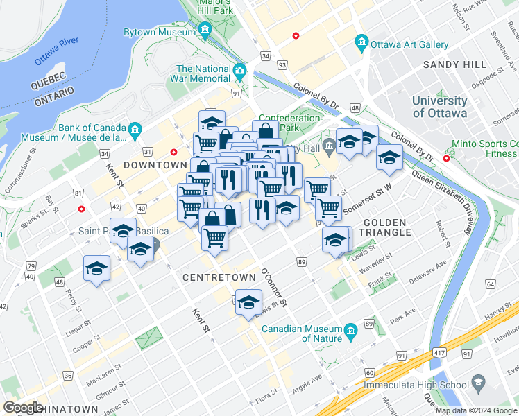map of restaurants, bars, coffee shops, grocery stores, and more near 8 Nepean Street in Ottawa