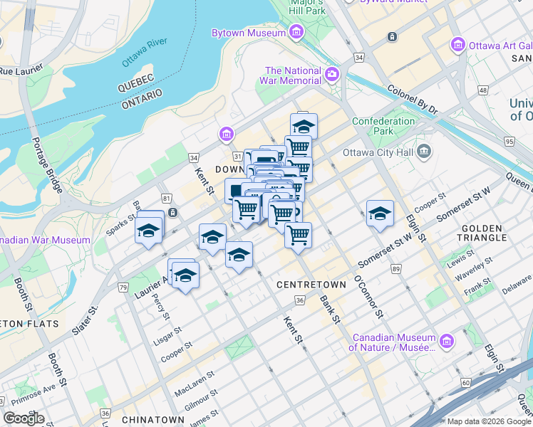 map of restaurants, bars, coffee shops, grocery stores, and more near 186 Bank Street in Ottawa