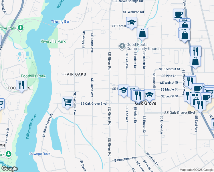 map of restaurants, bars, coffee shops, grocery stores, and more near 14497 Southeast River Road in Milwaukie