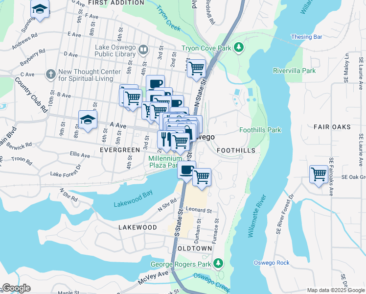 map of restaurants, bars, coffee shops, grocery stores, and more near 305 1st Street in Lake Oswego