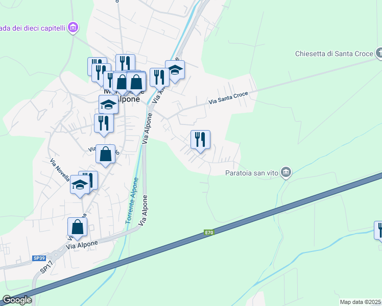 map of restaurants, bars, coffee shops, grocery stores, and more near 120 Via Roma in Monteforte d'Alpone