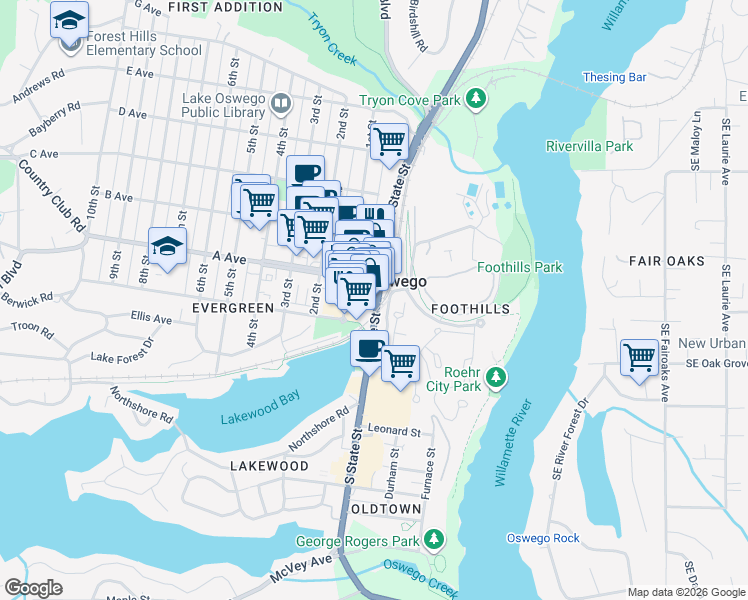 map of restaurants, bars, coffee shops, grocery stores, and more near 310 North State Street in Lake Oswego