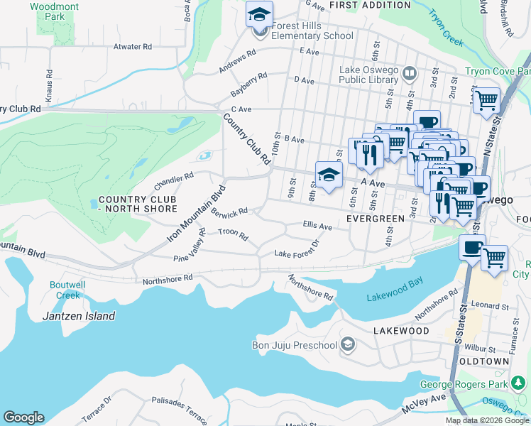 map of restaurants, bars, coffee shops, grocery stores, and more near 175 Berwick Road in Lake Oswego