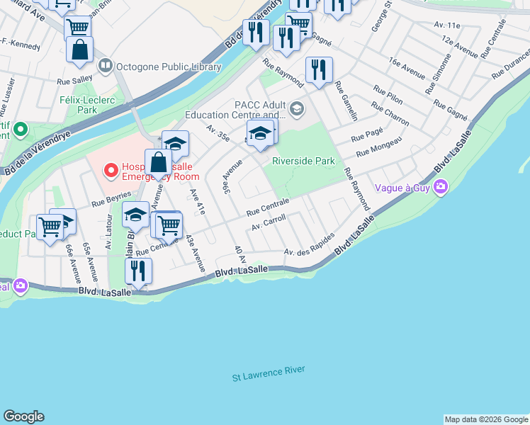 map of restaurants, bars, coffee shops, grocery stores, and more near 8464 Rue Centrale in Montréal