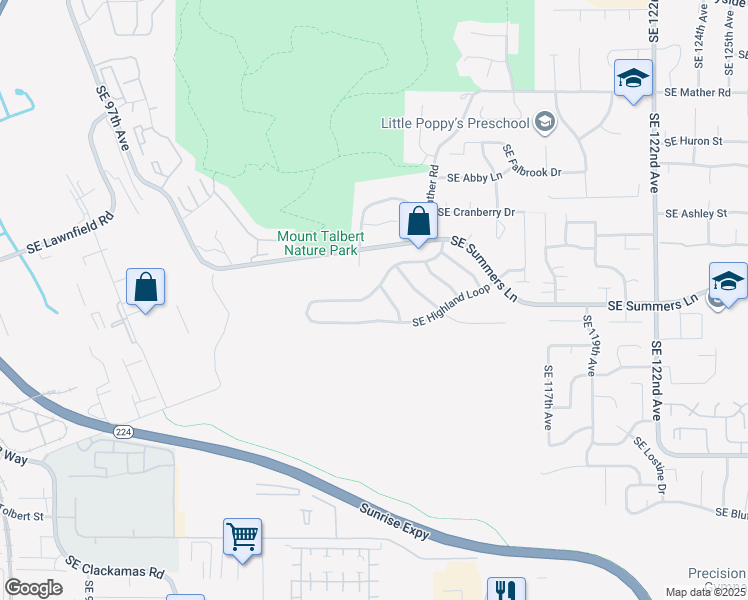map of restaurants, bars, coffee shops, grocery stores, and more near 11309 Southeast Highland Loop in Clackamas