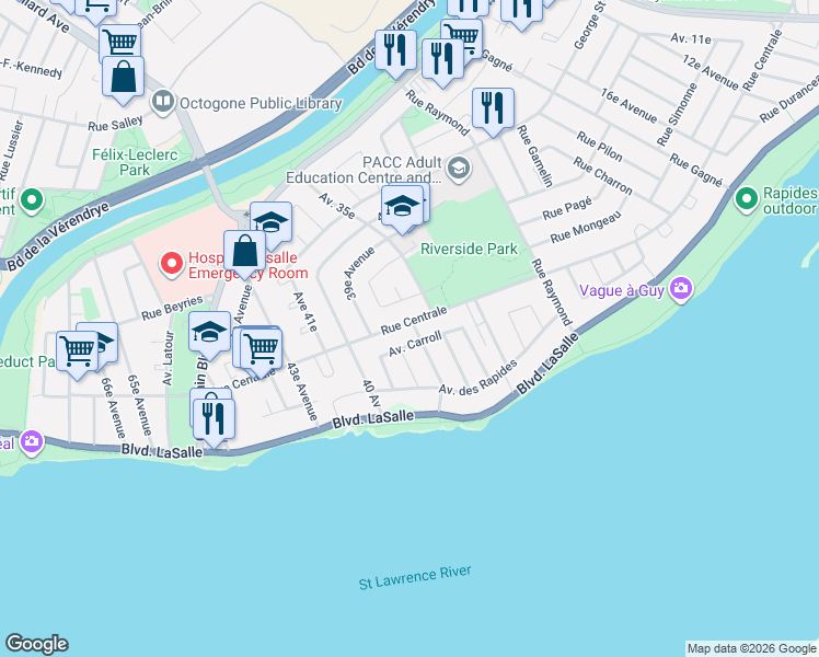 map of restaurants, bars, coffee shops, grocery stores, and more near 8464 Rue Centrale in Montréal