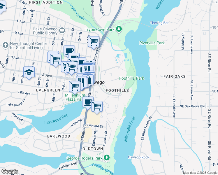 map of restaurants, bars, coffee shops, grocery stores, and more near 5019 Foothills Road in Lake Oswego