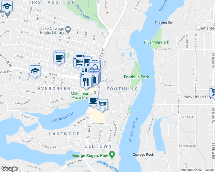 map of restaurants, bars, coffee shops, grocery stores, and more near 5019 Foothills Road in Lake Oswego