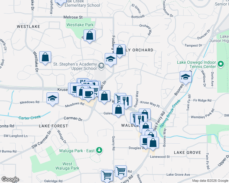 map of restaurants, bars, coffee shops, grocery stores, and more near 4403 Kruse Way in Lake Oswego
