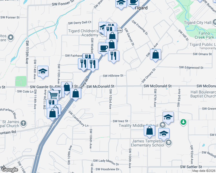 map of restaurants, bars, coffee shops, grocery stores, and more near 10450 Southwest McDonald Street in Tigard