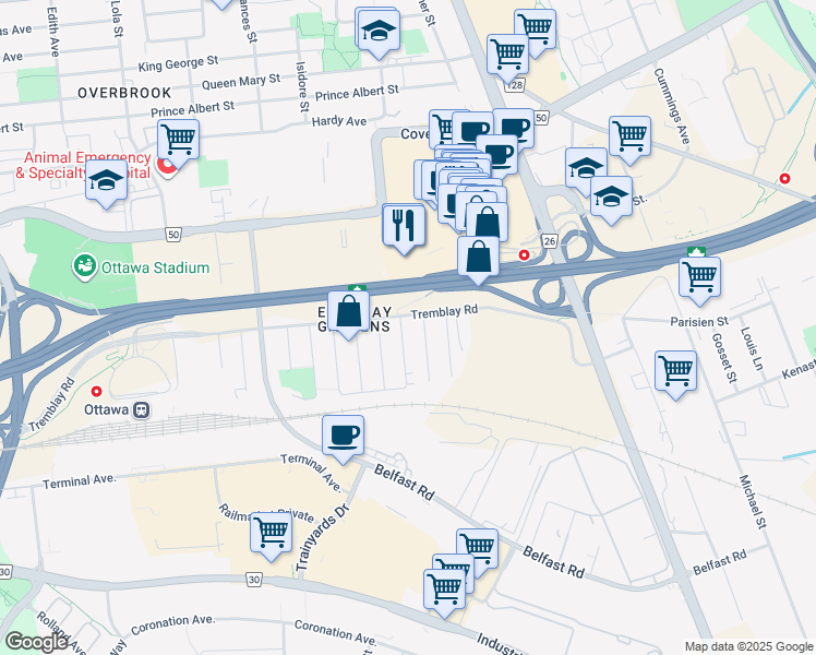 map of restaurants, bars, coffee shops, grocery stores, and more near in Ottawa