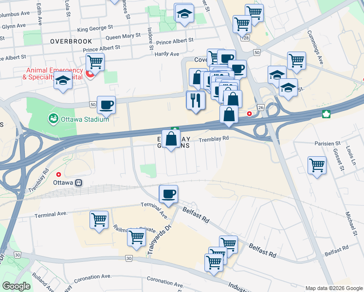 map of restaurants, bars, coffee shops, grocery stores, and more near in Ottawa