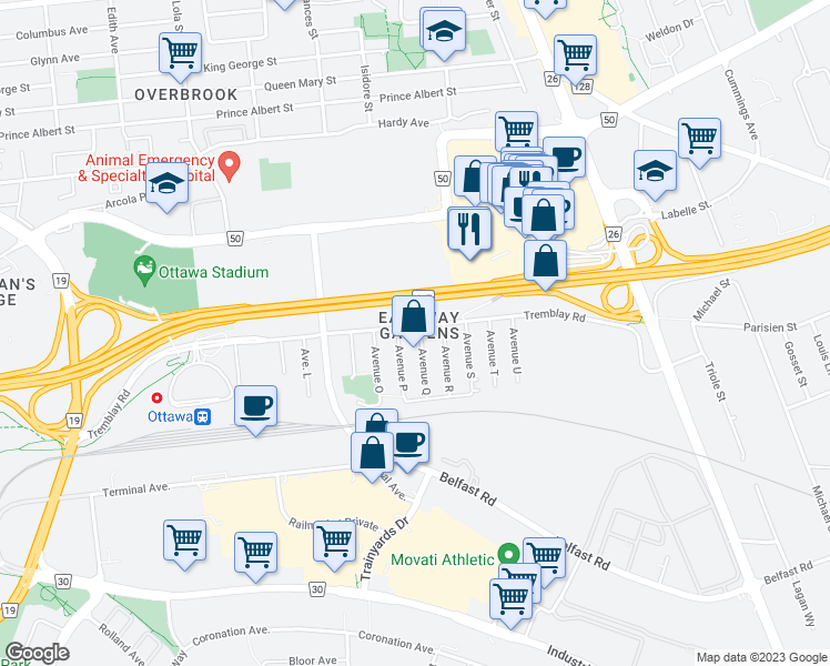 map of restaurants, bars, coffee shops, grocery stores, and more near in Ottawa
