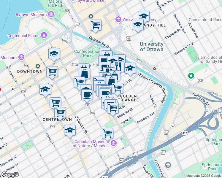 map of restaurants, bars, coffee shops, grocery stores, and more near in Ottawa