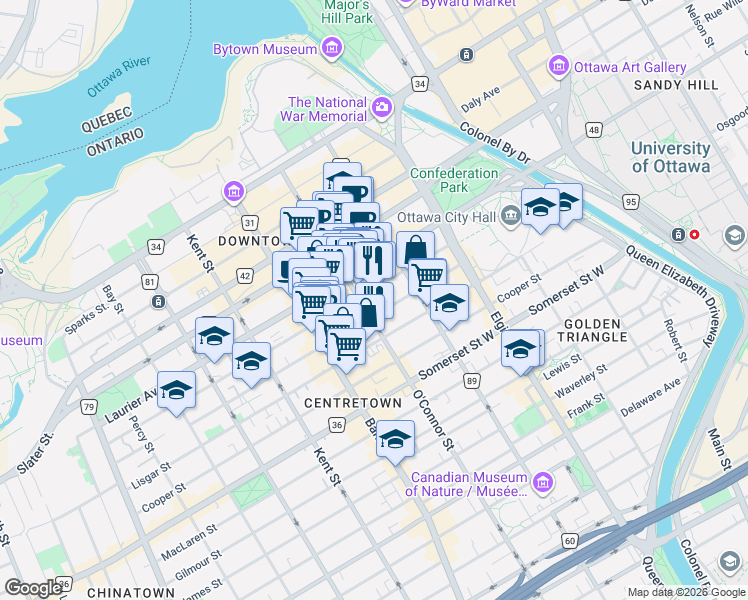map of restaurants, bars, coffee shops, grocery stores, and more near 250 Laurier Avenue West in Ottawa